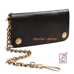 May include: Black leather wallet with a brass chain and two brass studs. The wallet has the text "Danila' Leather" embossed on the front.