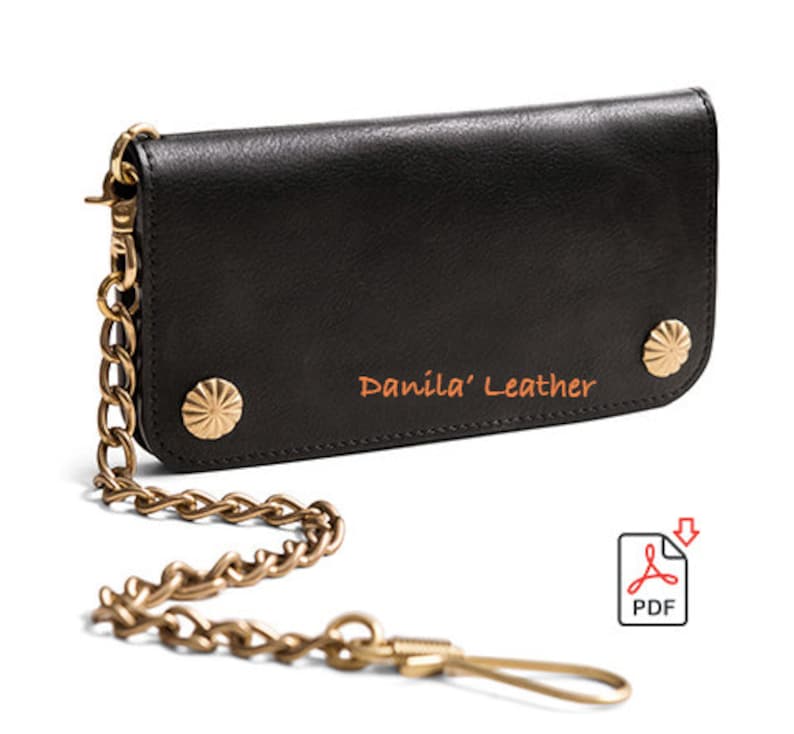 May include: Black leather wallet with a brass chain and two brass studs. The wallet has the text "Danila' Leather" embossed on the front.
