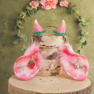 Strawberry milk cow ears in pink with strawberry horns