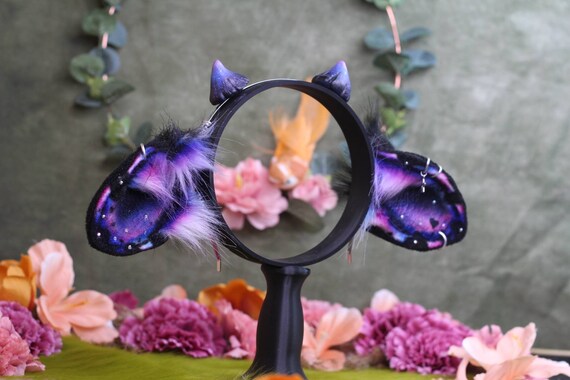Galaxy Cow ears with horns for cosplay, petplay, furry