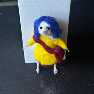 Puede incluir: Un rat&oacute;n blanco vestido con un abrigo amarillo con un bolso rojo y una peluca azul, que se asemeja a un personaje de una pel&iacute;cula. El rat&oacute;n est&aacute; de pie sobre sus patas traseras, con sus peque&ntilde;os brazos extendidos. El fondo es una tarjeta blanca y una superficie negra.