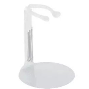 May include: White plastic doll stand with a round base and a curved arm for holding a doll.