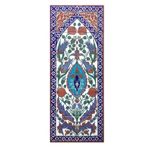 May include: A traditional Turkish tile design with a blue, green, and red floral pattern. The tile is made up of six individual tiles that are arranged in a vertical pattern. The design features a central diamond shape with a floral motif.