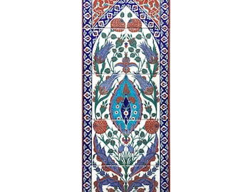 May include: A traditional Turkish tile design featuring a blue, green and red floral pattern. The tile is made up of six individual tiles arranged in a vertical pattern. The design features a central diamond shape with a floral motif.