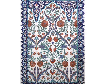 May include: A white ceramic tile with a blue and green floral pattern. The tile features a repeating design of stylised flowers and leaves, with a central archway motif. The tile is decorated with red, blue, and green colours.