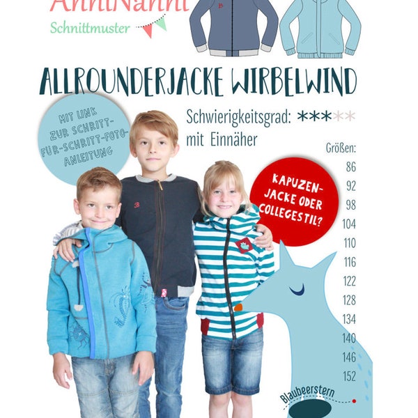 Schnittmuster Allrounderjacke Kapuzenjacke Collegejacke Kinder von AnniNanni