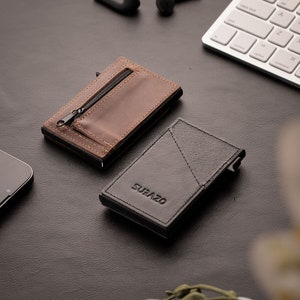 SURAZO Slim Secure RFID Wallet: Sleek Card Holder and Coin Storage Solution for Modern Lifestyles. It can hold up to 8 cards.