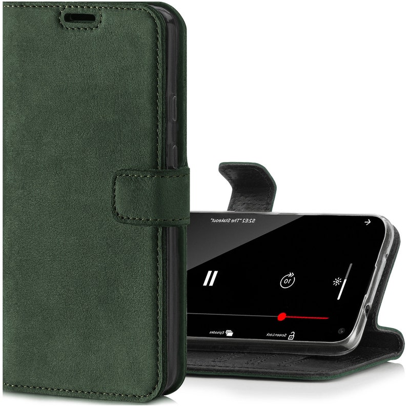 iPhone 13 12 Pro Max Mini 11 SE 3 2022 XR XS X 8 Premium Italienisches Leder handytasche Rfid 3 Kartenfächer & Pocket Kickstand Handytasche Nubuck Dark Green