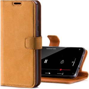 iPhone 13 12 Pro Max Mini 11 SE 3 2022 XR XS X 8 Premium Italienisches Leder handytasche Rfid 3 Kartenfächer & Pocket Kickstand Handytasche Nubuck Camel