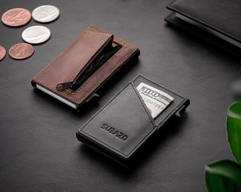 SURAZO Slim Secure RFID Wallet: Sleek Card Holder and Coin Storage Solution for Modern Lifestyles. It can hold up to 8 cards.