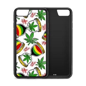 May include: Black phone case with a white background featuring a repeating pattern of hourglasses with red, yellow, and green accents, cannabis leaves, and the letter "N". The case is designed to fit a smartphone.