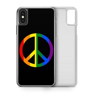 May include: A clear phone case with a black insert featuring a rainbow-colored peace symbol. The peace sign is a vibrant mix of red, orange, yellow, green, blue, and purple. The case is designed to fit a smartphone.