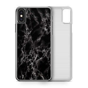 May include: A clear phone case with a black marble design. The case is made of a transparent material, with a black and white marble pattern on the back. The phone case is designed to fit a smartphone.