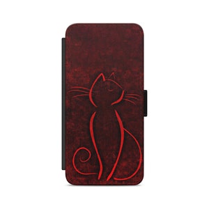 Könnte beinhalten: Rote Leder Handyhülle mit einer roten Silhouette einer Katze auf dunkelrotem Hintergrund.