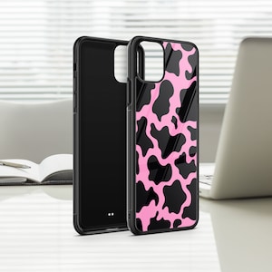 Custodia per telefono in vetro temperato di lusso con stampa di pelle di mucca rosa