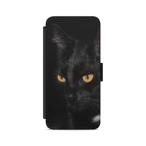 Custodia a portafoglio con cerniera e occhi di gatto neri per iPhone Samsung