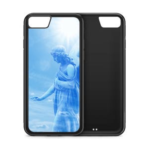 May include: Black phone case with a detailed image of a blue angel statue against a bright sky. The case has a protective bumper design and a smooth, glossy finish. The second case is solid black.