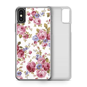 May include: A clear phone case with a floral design. The case features a white background with a pattern of pink and red roses, blue flowers, and green leaves. The second case is clear.
