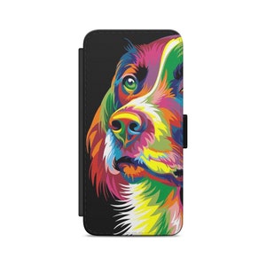 May include: A colourful phone case featuring a close-up of a dog's face. The dog's fur is painted in shades of pink, yellow, green, blue, and orange. The background is black.