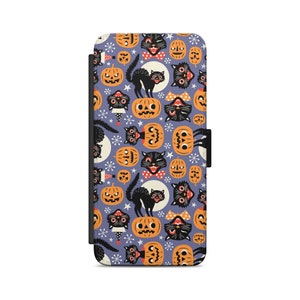 Halloween Funny Pumpkin Colourful Scary Cat Flip Wallet Phone Case for iPhone Samsung