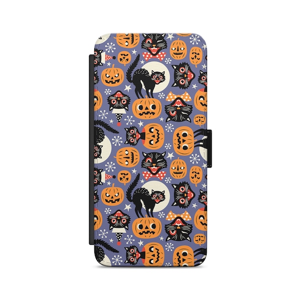 Halloween Funny Pumpkin Colourful Scary Cat Flip Wallet Phone Case for iPhone Samsung