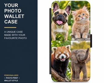 May include: A rectangular wallet case featuring a collage of four animal photographs: a tan French Bulldog, an orange kitten, a red panda on a branch, and a grey baby elephant. The text reads: YOUR PHOTO WALLET CASE, A UNIQUE CASE MADE WITH YOUR FAVOURITE PHOTO, PERSONALISED, PHOTO PRINT, WALLET STYLE.
