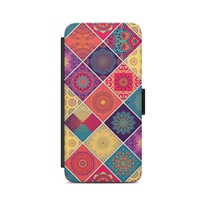 Mandala Pattern Large Colorful Squares Flip Wallet Phone Case Flip Wallet Phone Case for iPhone Samsung