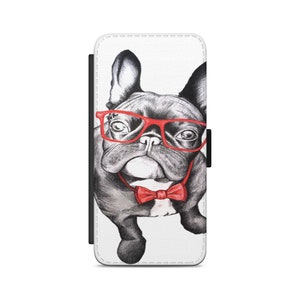 French Bulldog Red Glasses Dog Face Flip Wallet Phone Case for iPhone Samsung