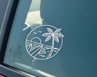 Summer Beach Vinyl Decal: Palm Tree, Surfboard Car Sticker
