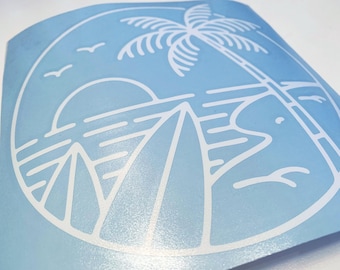 Summer Beach Vinyl Decal: Palm Tree, Surfboard Car Sticker