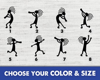 May include: Eight black and white stick figure designs of a Native American flute player in various poses. The designs are numbered 1 through 8.