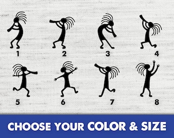 May include: Eight black and white stick figure designs of a person playing a flute. The figures are numbered 1 through 8.