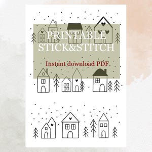 Puede incluir: Diseño imprimible de pegar y coser en blanco y negro con casas y árboles estilizados. El diseño incluye el texto "PRINTABLE STICK & STITCH" y "Instant download PDF."