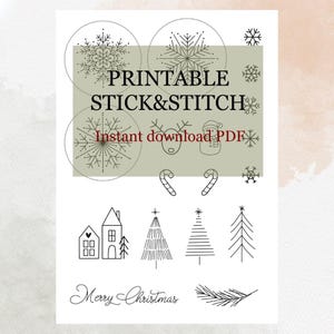 Könnte beinhalten: Druckbare Stick- und Stickmotive für Weihnachten. Die Motive umfassen Schneeflocken, Zuckerstangen, ein Haus, Weihnachtsbäume und einen Tannenzweig. Der Text "Printable Stick & Stitch" und "Instant download PDF" ist im Bild enthalten.