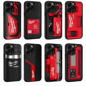May include: A collection of eight smartphone cases featuring Milwaukee branding and tool-inspired designs. The cases display red and black color schemes, incorporating graphics of power tools, batteries, and industrial equipment logos like Packout.