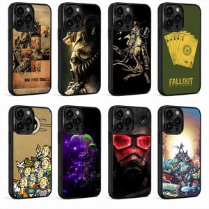 May include: Eight black smartphone cases featuring various Fallout-themed graphic designs. The prints include character illustrations, a power armor helmet, a playing card motif with the text Fallout New Vegas, and a collage with the text War Never Changes.