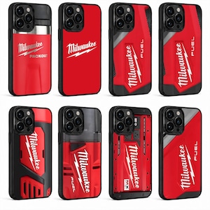May include: A collection of eight smartphone cases featuring red and black designs with the Milwaukee logo, including branding such as PACKOUT, FUEL, and MX FUEL. Each case has a cutout for a multi-lens camera system and a black protective border.