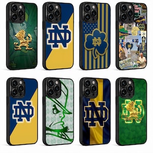 May include: Eight smartphone cases featuring Notre Dame themes. Designs include the Fighting Irish leprechaun, the interlocking ND logo, a shamrock, and a collage of university imagery in blue, gold, and green color schemes with black borders.
