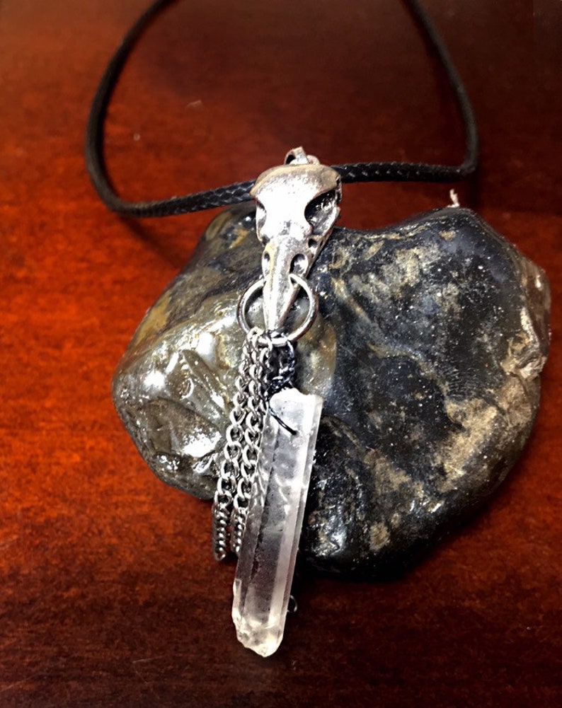 Raven Skull charm necklace with clear quartz