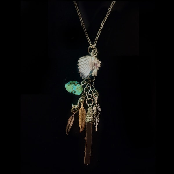 Indian Chief charm necklace - Native American pendant- feathers and chain multi charm necklace