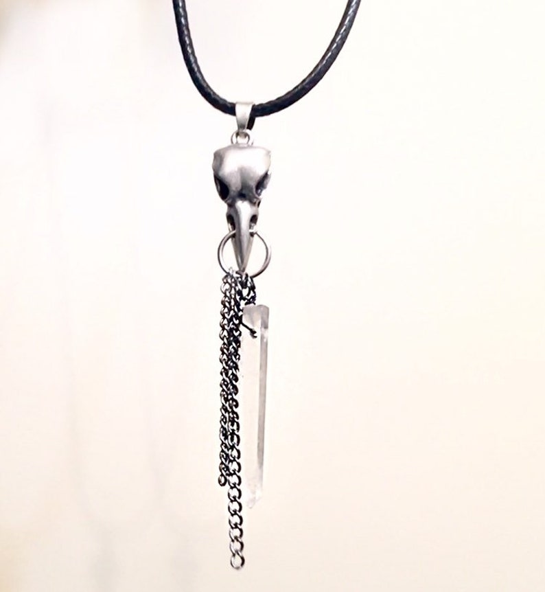 Raven Skull charm necklace with clear quartz