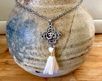 OHM OM Buddhist Lotus Silver Charm necklace - Tibetan Tassel necklace - Bohemian Tassel necklace - Yoga new age jewelry