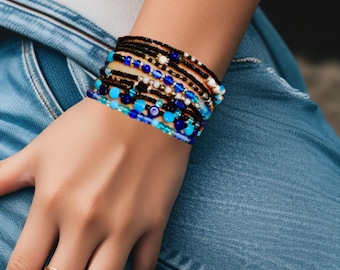 Extra long wrap around beaded bracelet  - Shades of Blue and Black long beaded bracelet - Versatile beads wear as bracelet or necklace