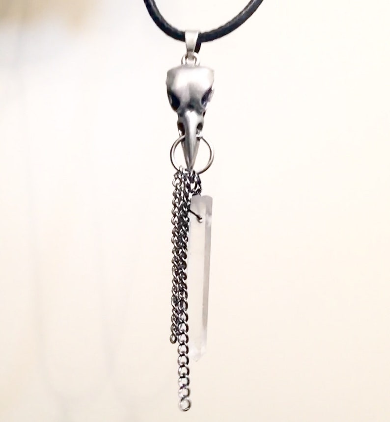Raven Skull charm necklace with clear quartz