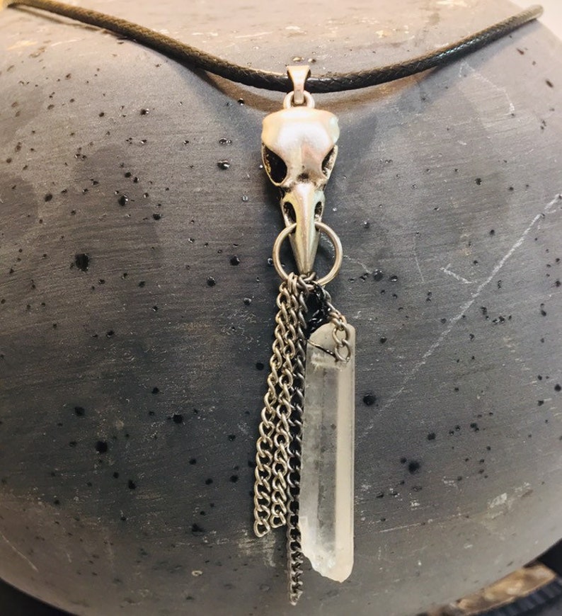 Raven Skull charm necklace with clear quartz