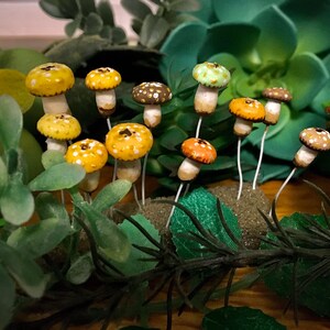 Set of Mini Terrarium Mushrooms - Yellow Fairy Garden mushrooms - Miniature clay mushrooms - Set of 10 micro mushrooms
