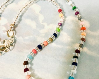 Rainbow Bead Necklace - Clear and rainbow beaded seed bead necklace - Trendy Rainbow Necklace - Colorful beaded Necklace