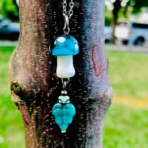 Adorable woodland necklace- mushroom charm necklace -leaf and mushroom pendant-  Blue mushroom necklace
