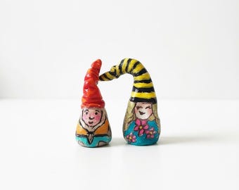 Pair of Miniature Garden gnomes - Mini gnomes - Miniature set of two tiny gnomes - Fairycore - Goblincore - Fairy Garden Clay Gnomes