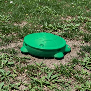 May include: A vivid green turtle-shaped toy rests on grass. The toy features a detailed shell pattern and small flipper-like appendages. The turtle is a solid, bright green, suitable for outdoor play.
